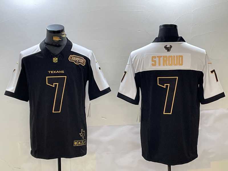 Mens Houston Texans #7 CJ Stroud Black White Golden 2023 FUSE South Champions Patch Limited Stitched Jersey Dzhi->houston texans->NFL Jersey